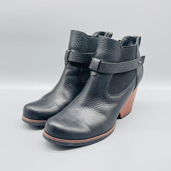 Korks Boots Womens 10 Black Pebbled Leather Ease Ankle Booties Strap Block Heel - Picture 4 of 13
